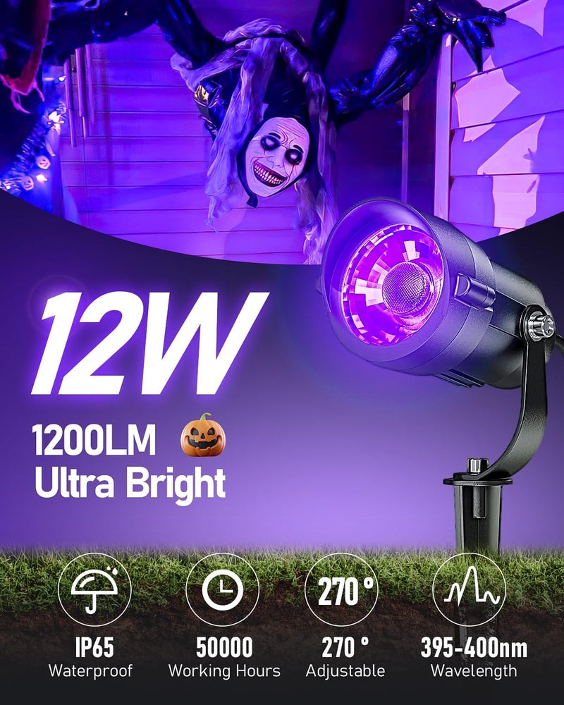 HIBOITEC Halloween Black Light Spotlight Outdoor 12W IP65 Waterproof LED Spot Lights Landscape Lighting with US Plug for Glow Party Body Paint Yard Garden Decorations 2Packs - Image 2